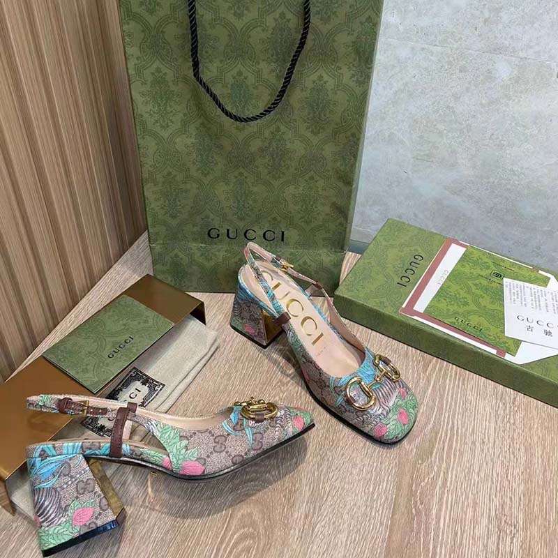 G*u*i women gg tiger mid-heel slingback tiger flower beige ebony supreme canvas