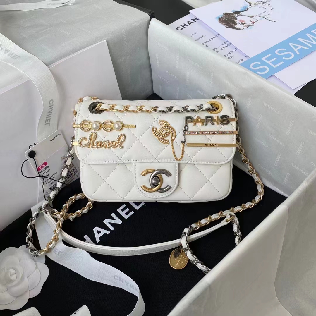 Chanel Women Mini Flap Bag Lambskin Glass Imitation Pearls Strass Gold Silver