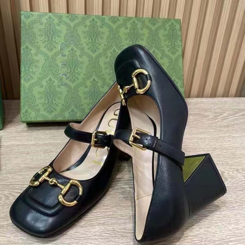 G*u*i gg women’s mid-heel pump with horsebit black leather