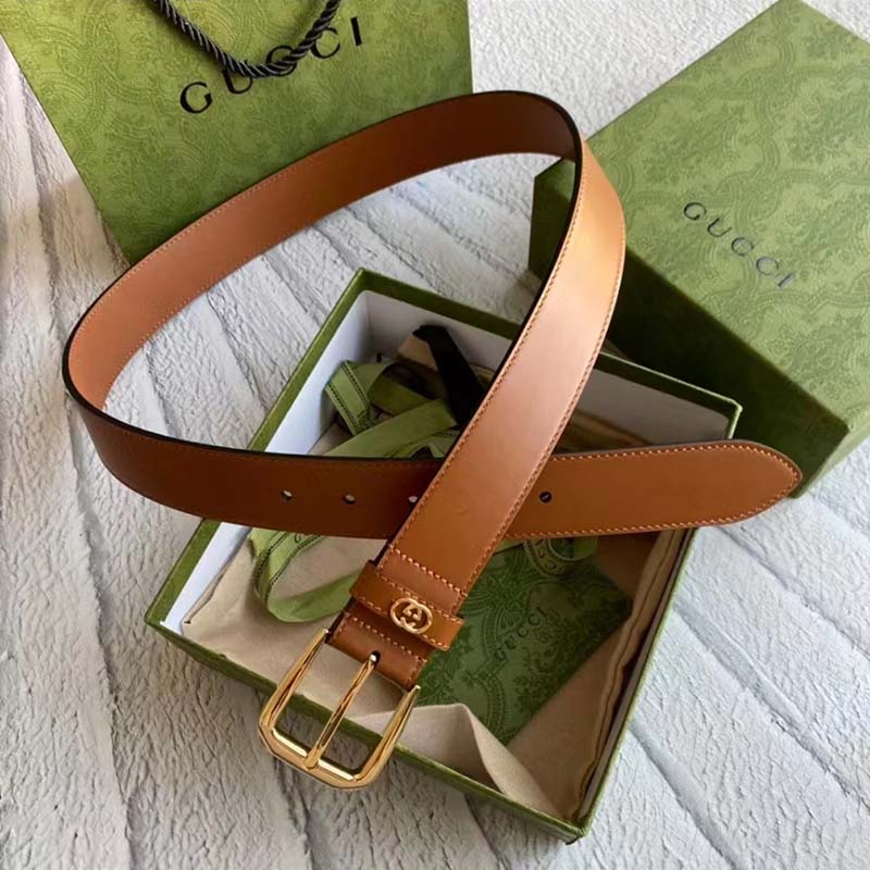 G*u*i unisex gg belt with square buckle and interlocking g brown 3.6 cm width