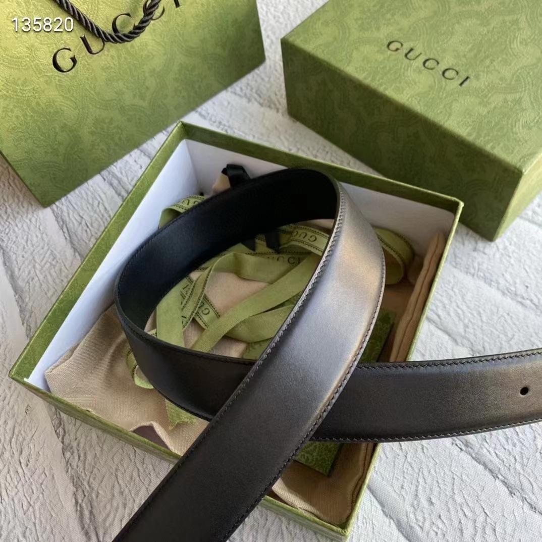 G*u*i unisex gg leather belt with interlocking g black 3.8 cm width