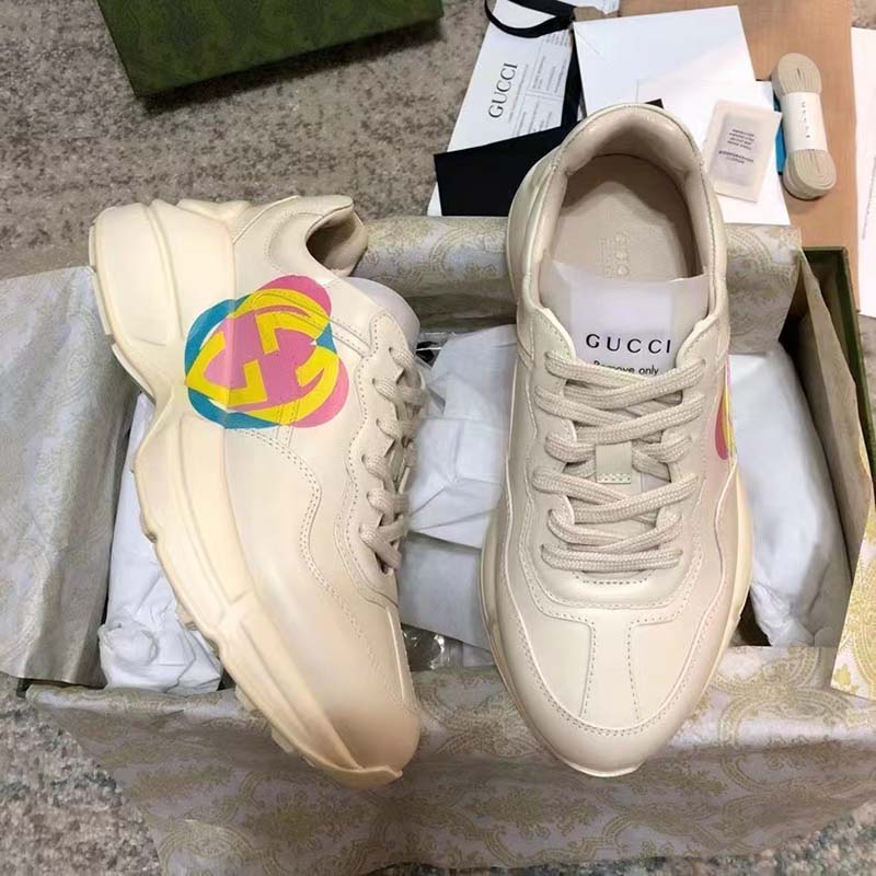 G*u*i unisex gg rhyton heart sneaker ivory leather interlocking g low 5 cm heel