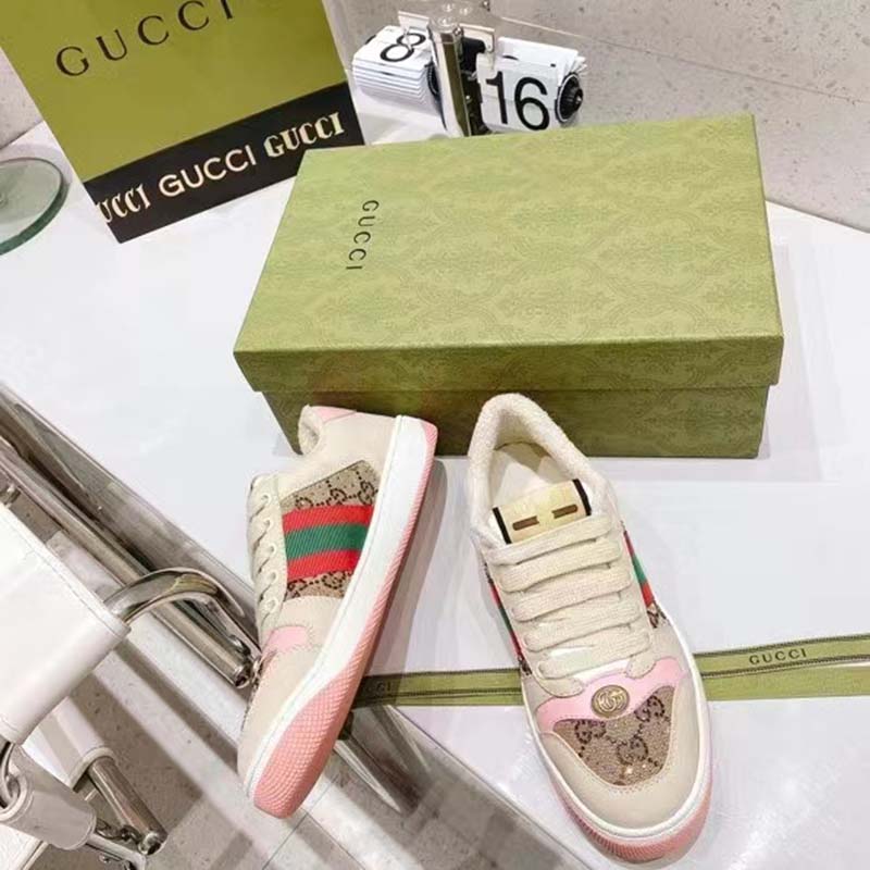 G*u*i unisex screener sneaker crystals beige ebony gg canvas 3.6 cm heel