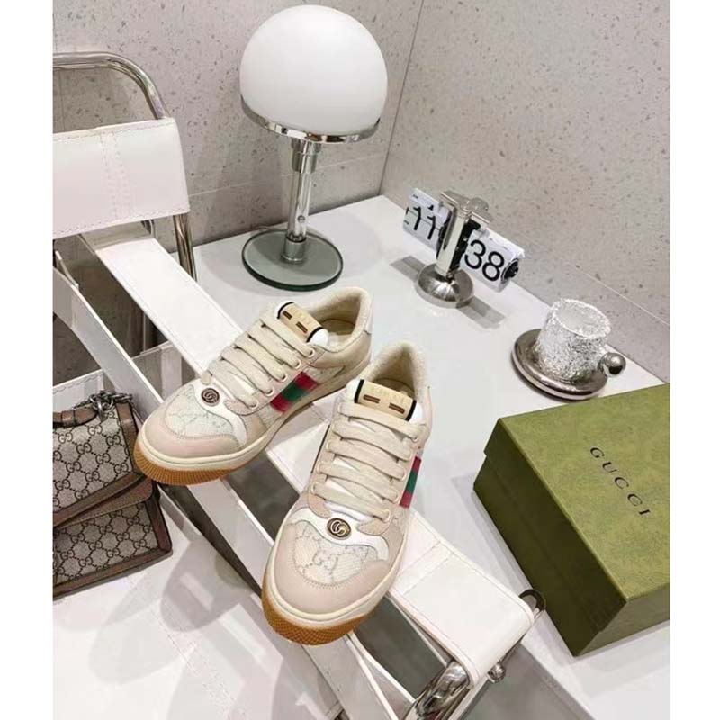 G*u*i unisex screener sneaker pink green web cream scrap less leather