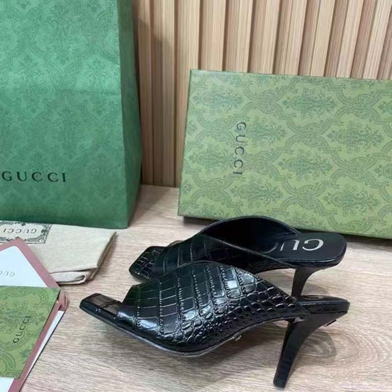 G*u*i women gg crocodile print pump black square toe mid heel