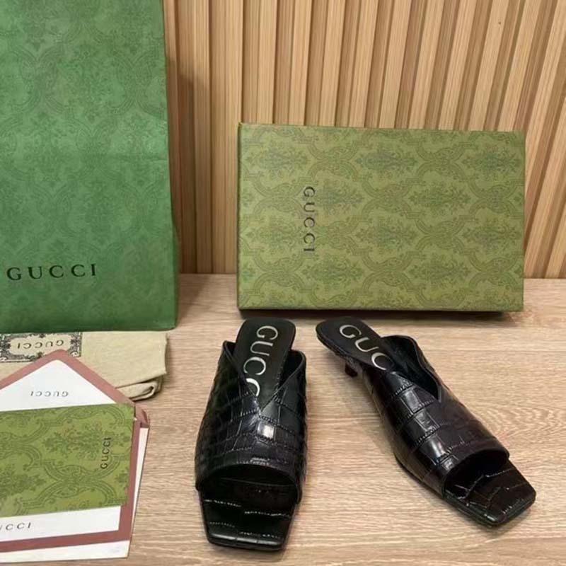 G*u*i women gg crocodile print pump black square toe mid heel