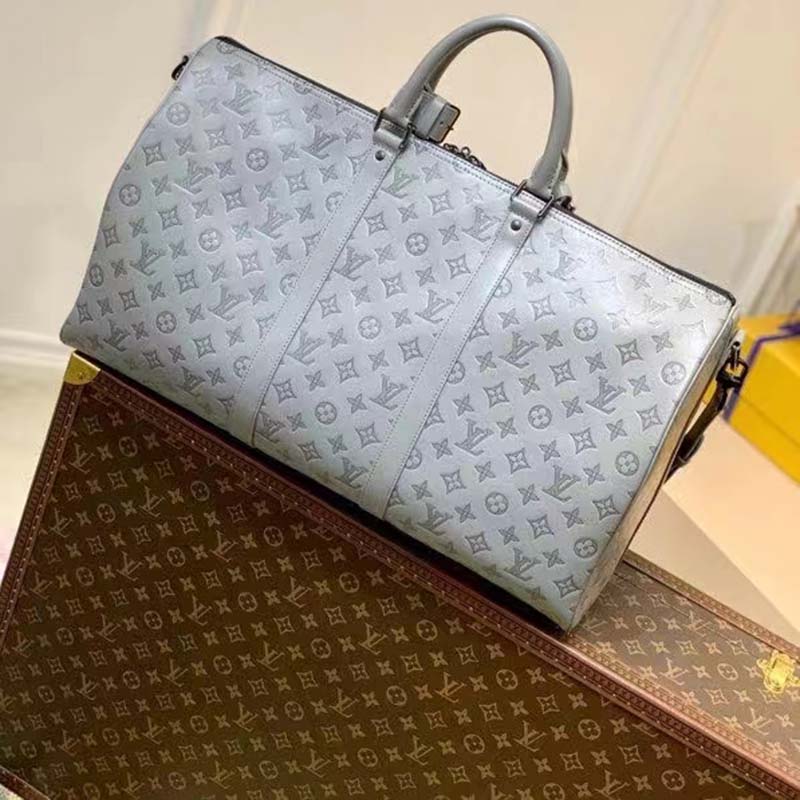 Louis Vuitton LV Unisex Keepall 50B Anthracite Gray Monogram Shadow Calf Leather