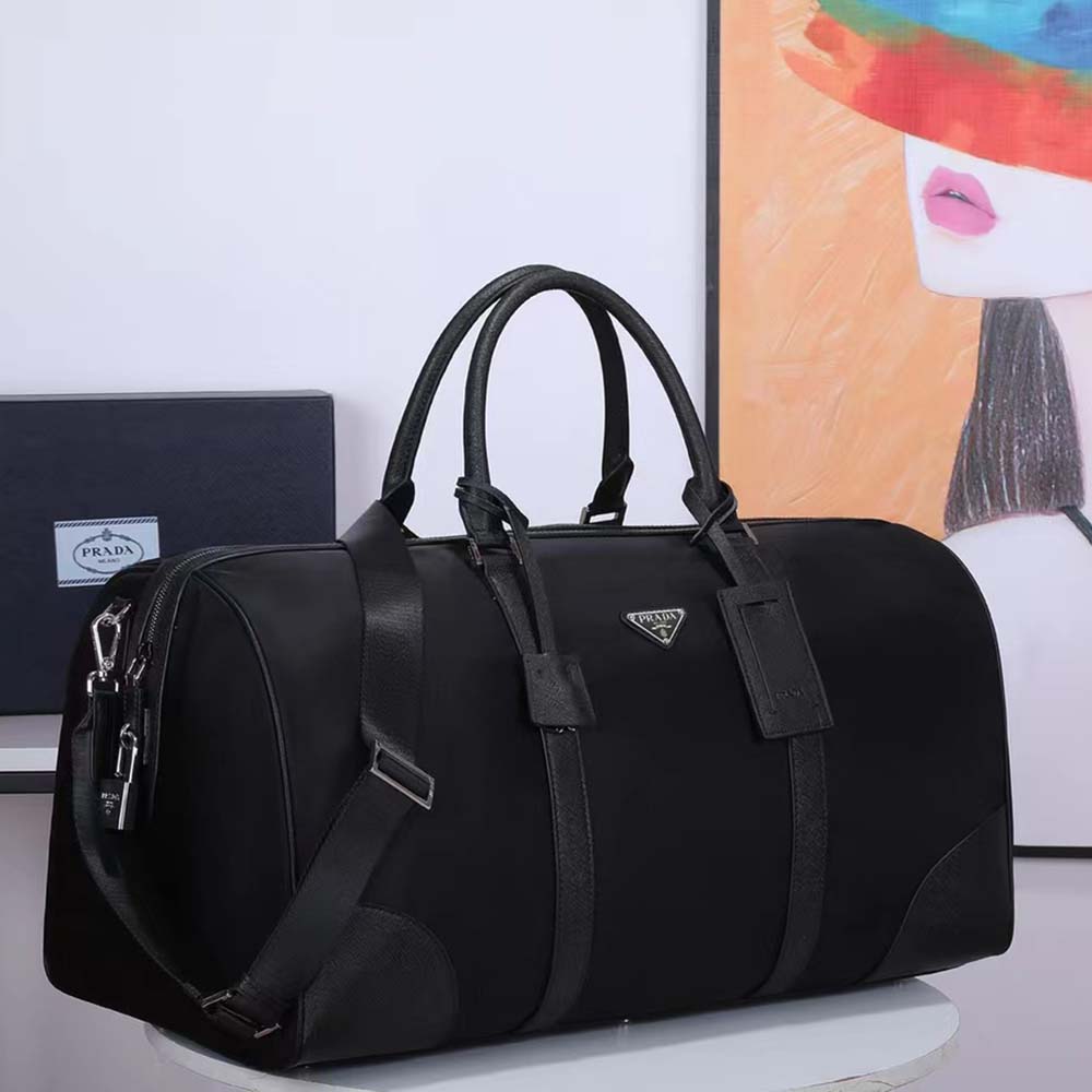 Prada Unisex Re-Nylon Saffiano Leather Handles Duffle Black Bag