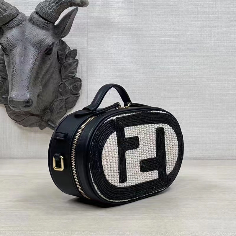 Fendi Women FF O’Lock Mini Camera Case Beige Black Straw Mini Bag