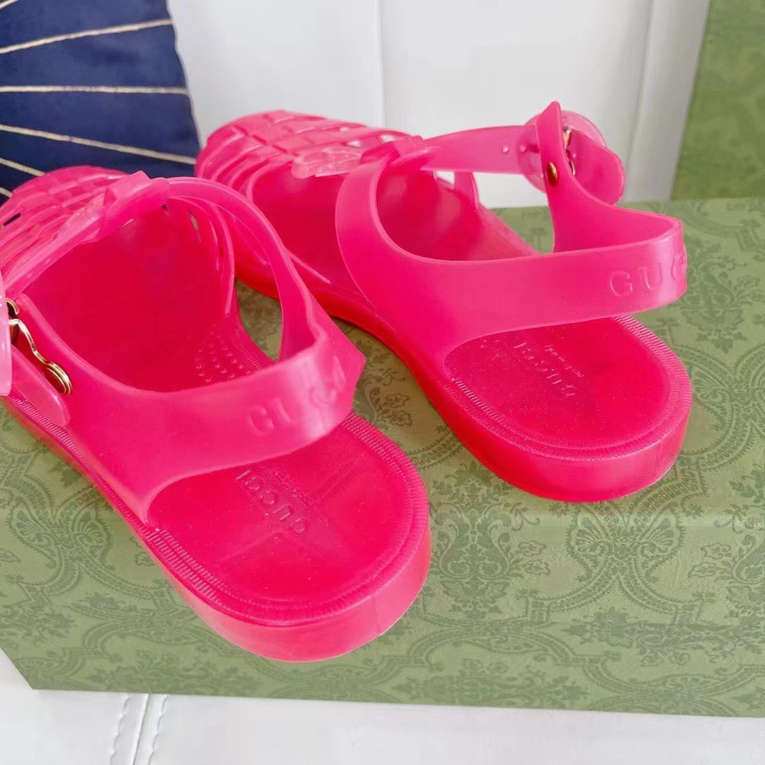G*u*i unisex gg sandal double g pink transparent rubber sole ankle buckle flat