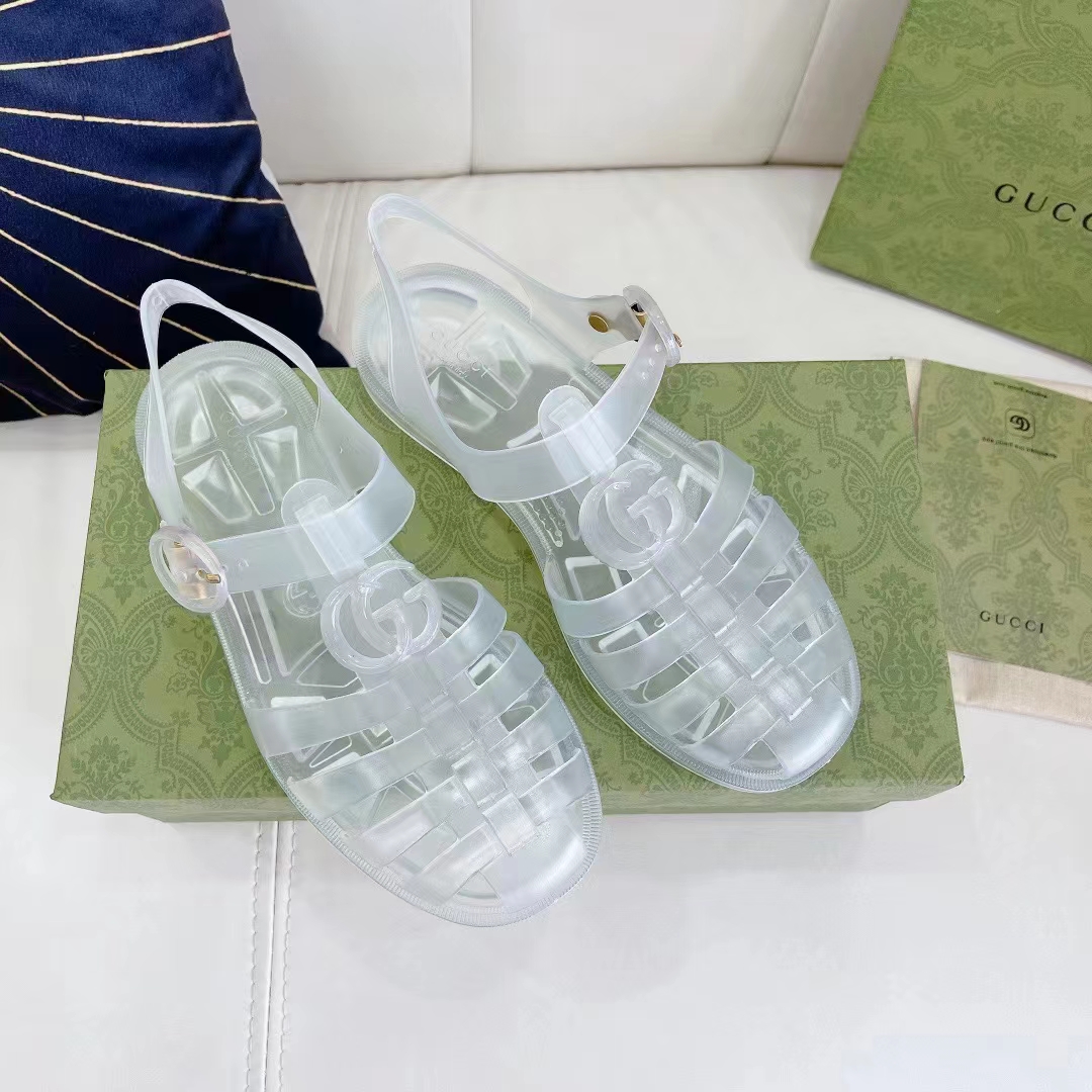 G*u*i unisex gg sandal double g transparent rubber sole ankle buckle closure flat