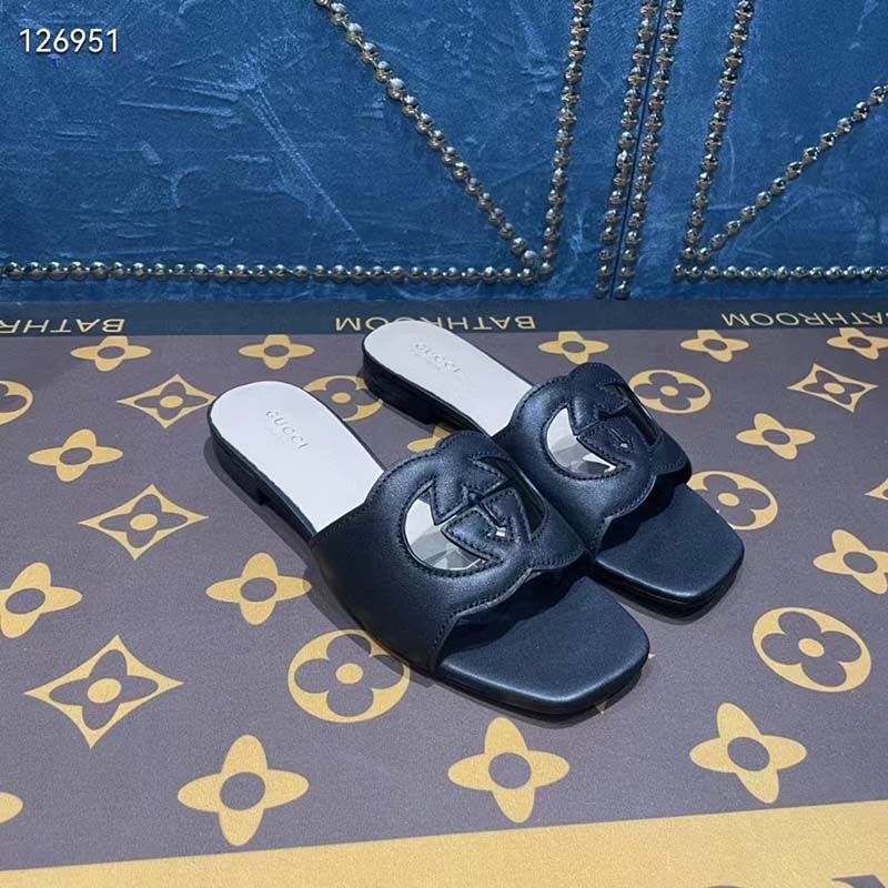 G*u*i unisex interlocking g slide sandals black leather cut-out flat