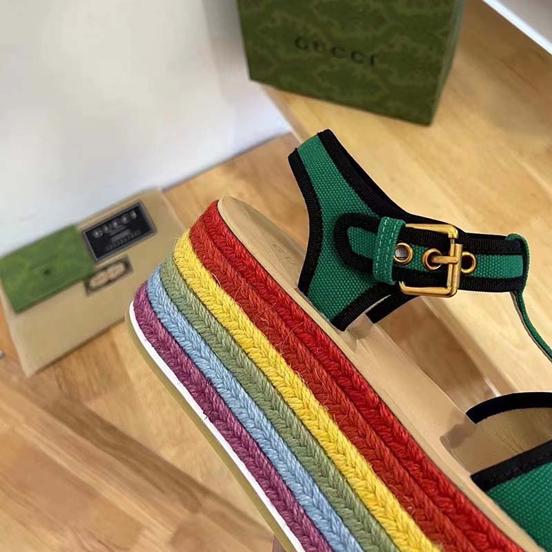 G*u*i women gg platform sandals green cotton double g embroidery 4 cm heel