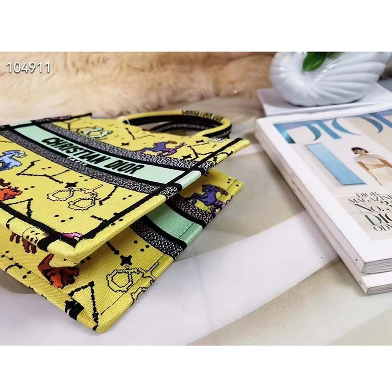 Dior Unisex CD Small Book Tote Yellow Multicolor Dior Pixel Zodiac Embroidery