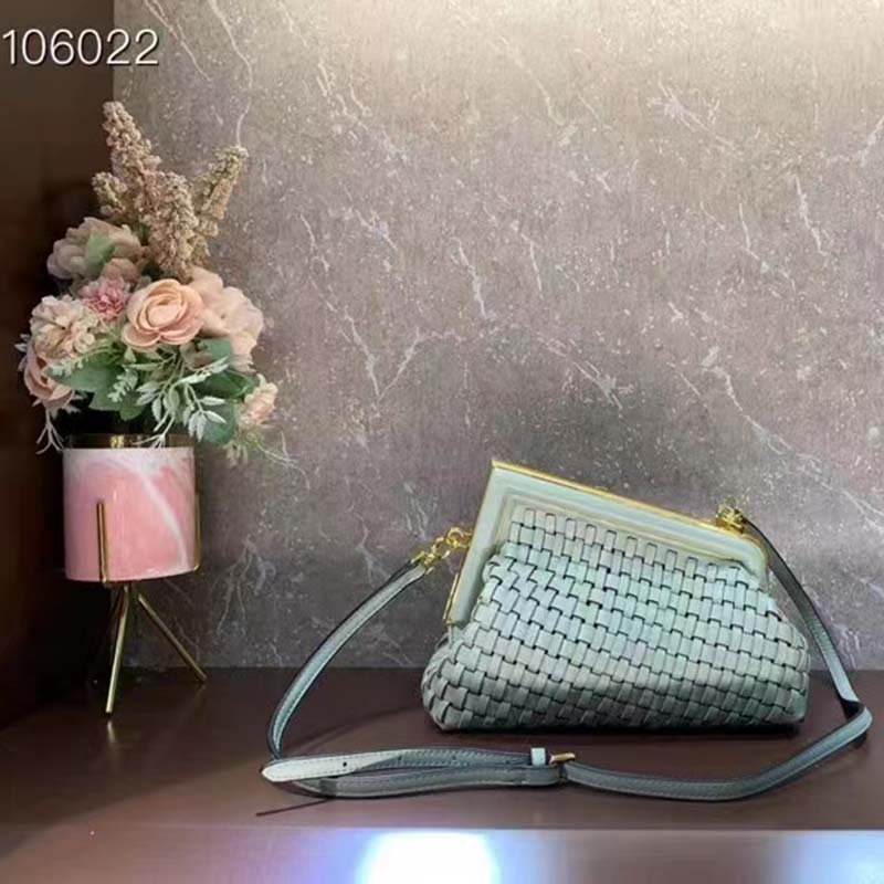 Fendi Women FF First Small Bag Mint Green Leather Interlace Bag