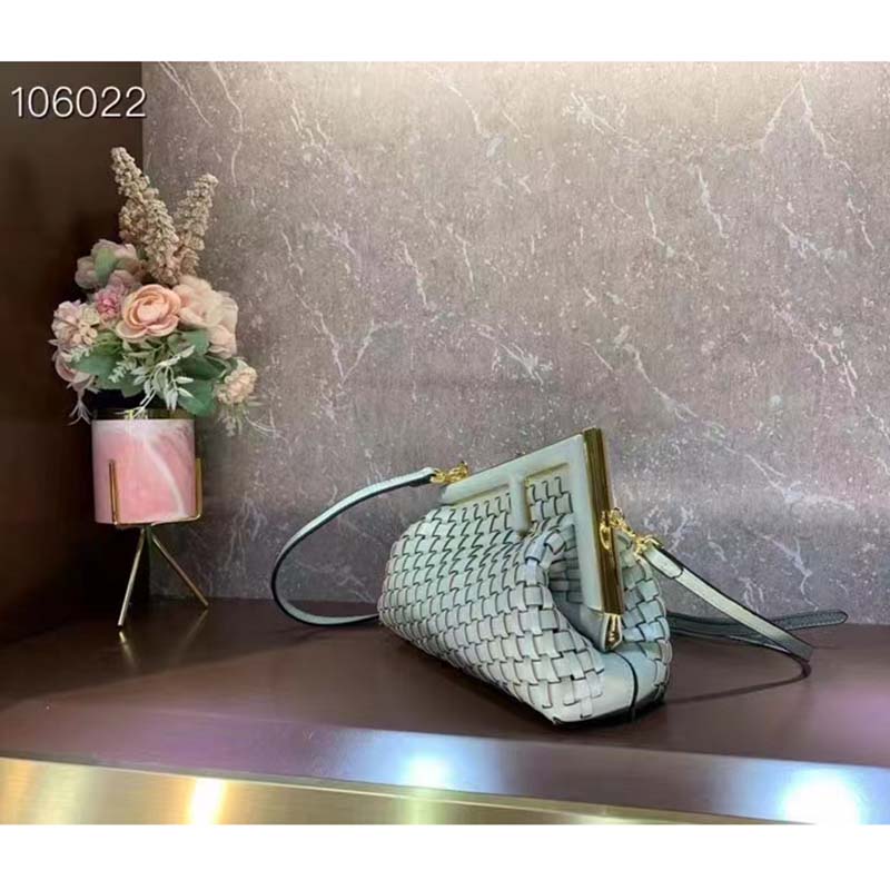 Fendi Women FF First Small Bag Mint Green Leather Interlace Bag