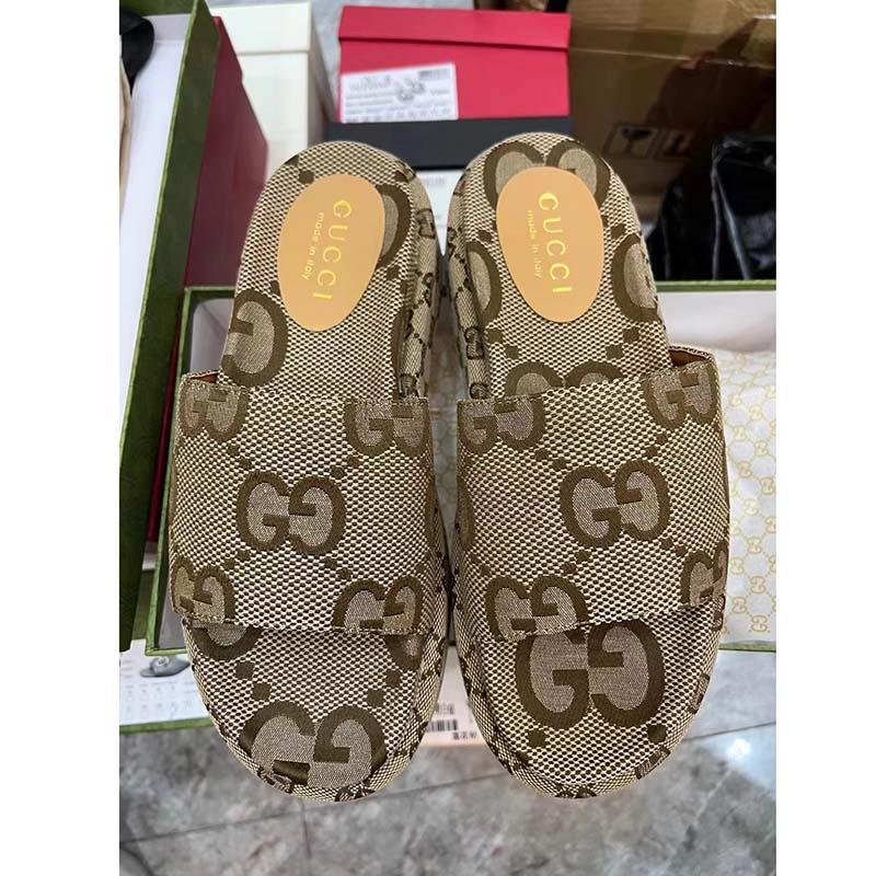 G*u*i unisex platform slide sandal camel ebony maxi gg canvas 6 cm heel