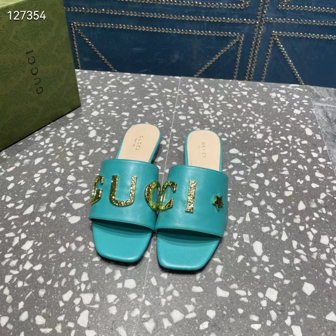 G*u*i women gg slide sandal turquoise leather textured logo star flat 1 cm heel