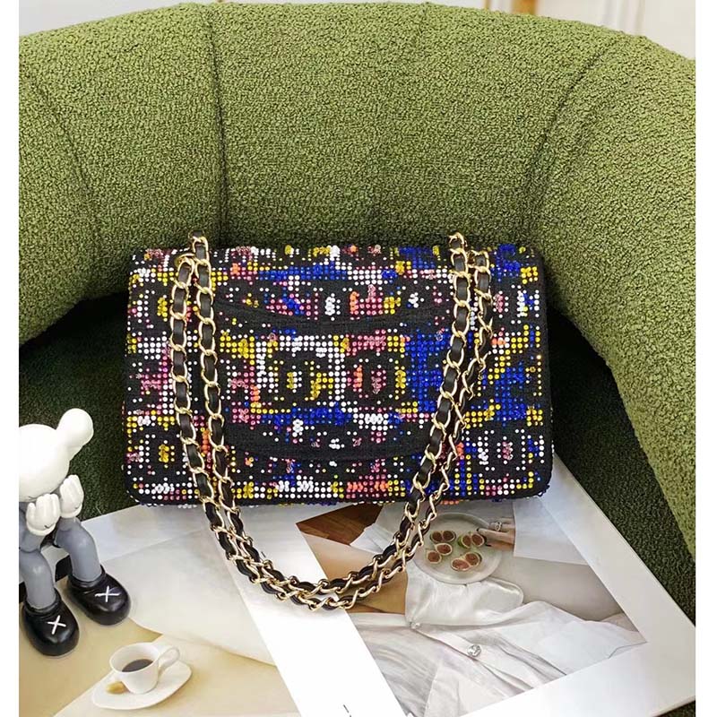 Chanel Women CC Classic Handbag Embroidered Tweed Glass Beads Strass Metal Black Multicolor