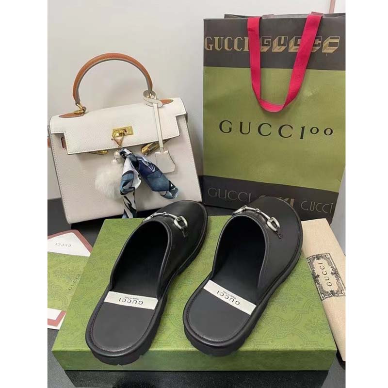 G*u*i unisex horsebit slip-on sandal black leather rubber sole flat