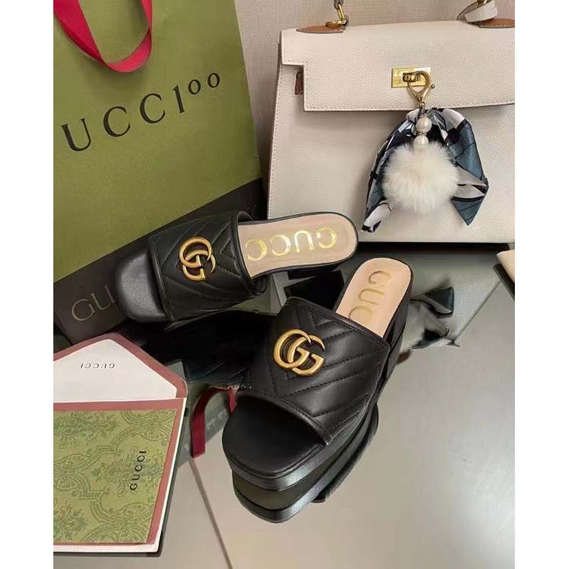 G*u*i women double g slide sandal black chevron matelassé leather mid-heel