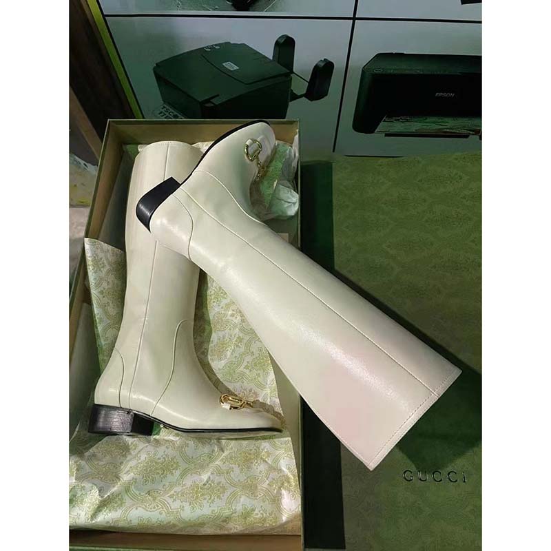 G*u*i women’s knee-high boot horsebit white rubber sole low 4 cm heel