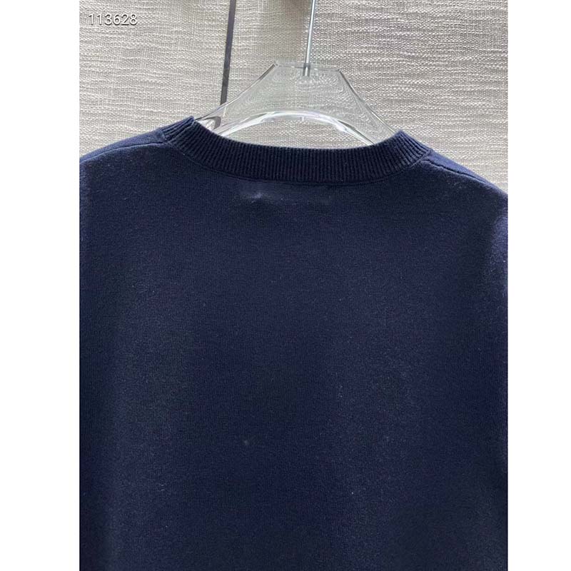 Dior Men CD Bobby Sweater Navy Blue Cashmere Jacquard Ribbed Round Collar