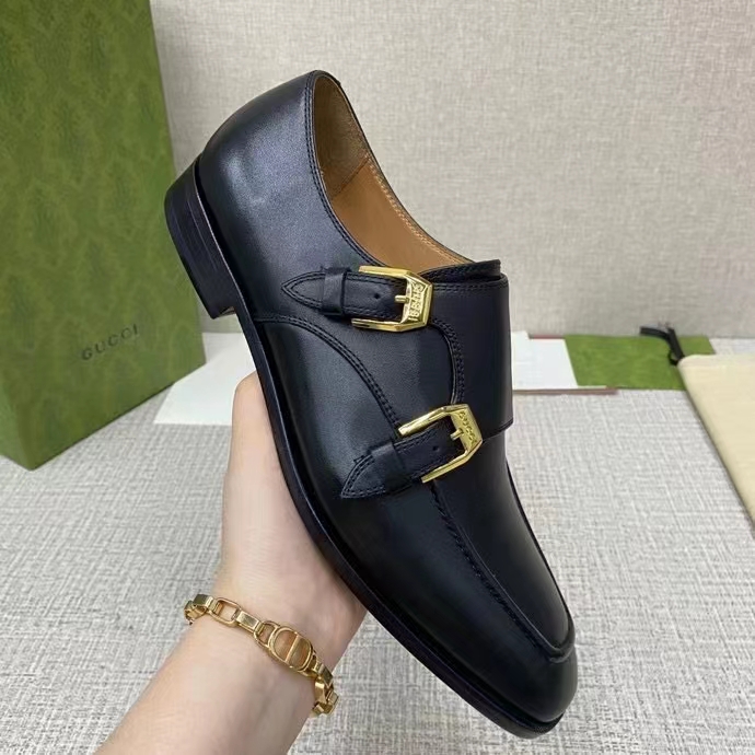 G*u*i men monk strap loafer smooth black leather buckle sole flat 2 cm heel