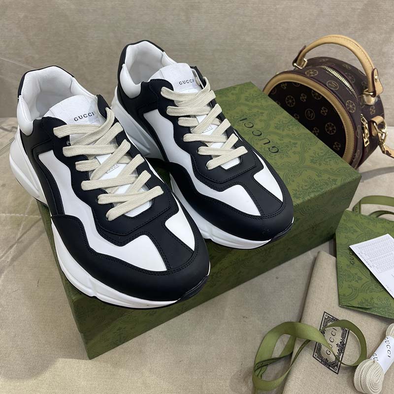 G*u*i unisex gg rhyton sneaker black white leather rubber sole 5 cm low heel