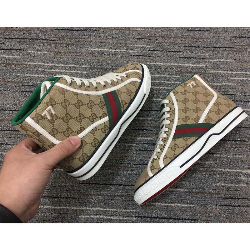 G*u*i unisex tennis 1977 high top sneaker brown rubber sole flat 2 cm heel