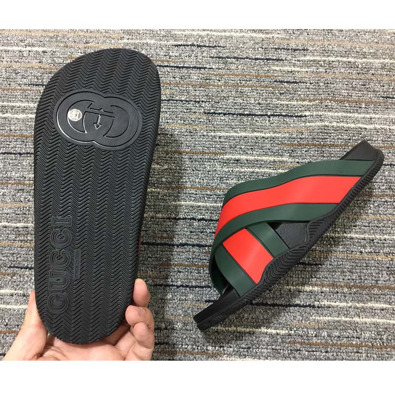 G*u*i unisex web slide sandal green red rubber web rubber sole low heel