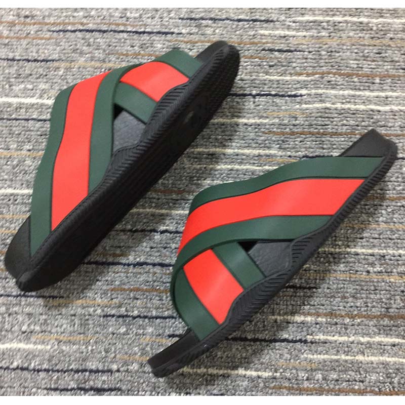 G*u*i unisex web slide sandal green red rubber web rubber sole low heel