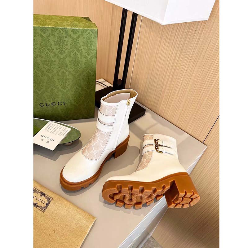 G*u*i women gg ankle boot buckles white leather rubber sole mid-heel