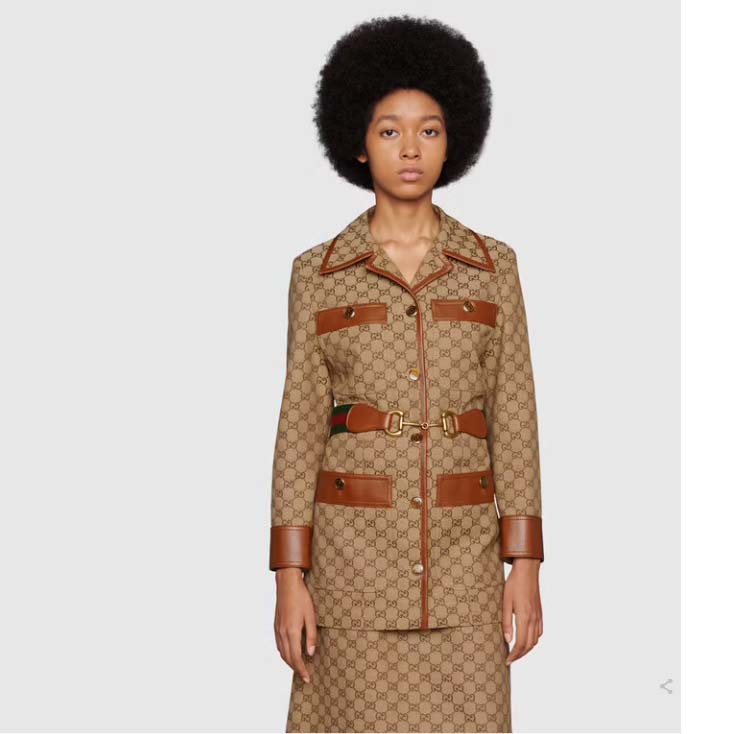 G*u*i women gg canvas jacket web belt cotton camel ebony point collar