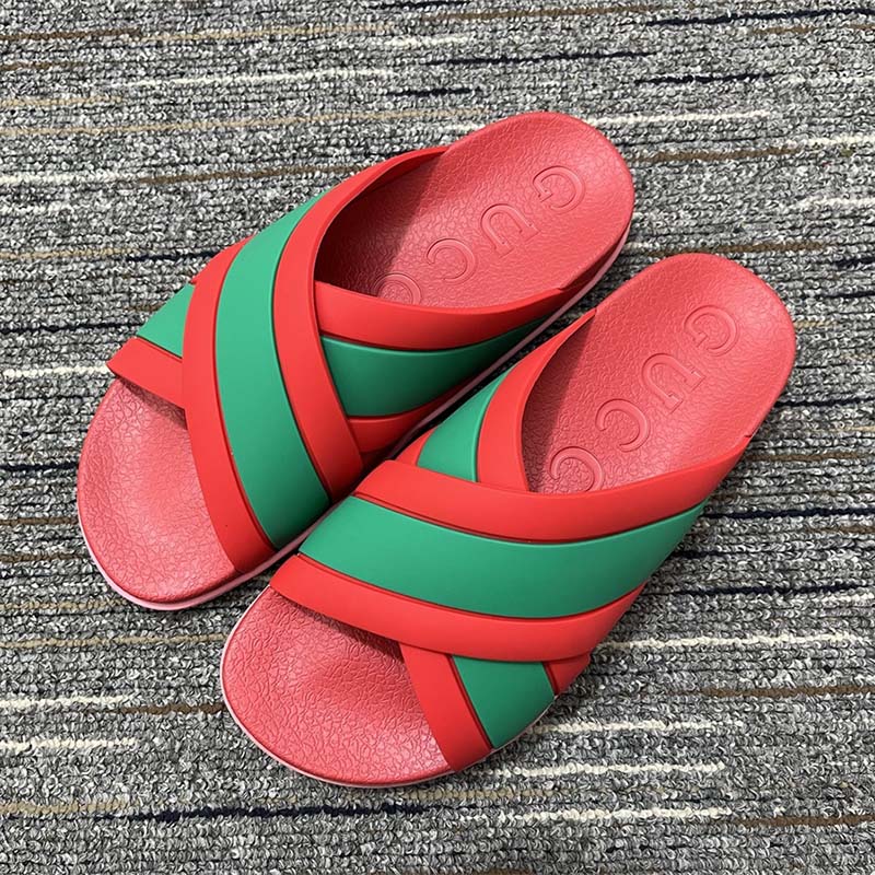 G*u*i women web slide sandal green red rubber web straps rubber sole flat