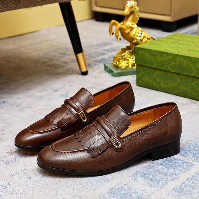 G*u*i men’s gg loafer mirrored g brown leather fringe low 3 cm heel