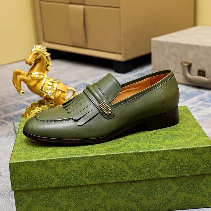 G*u*i men’s gg loafer mirrored g dark green leather fringe low heel