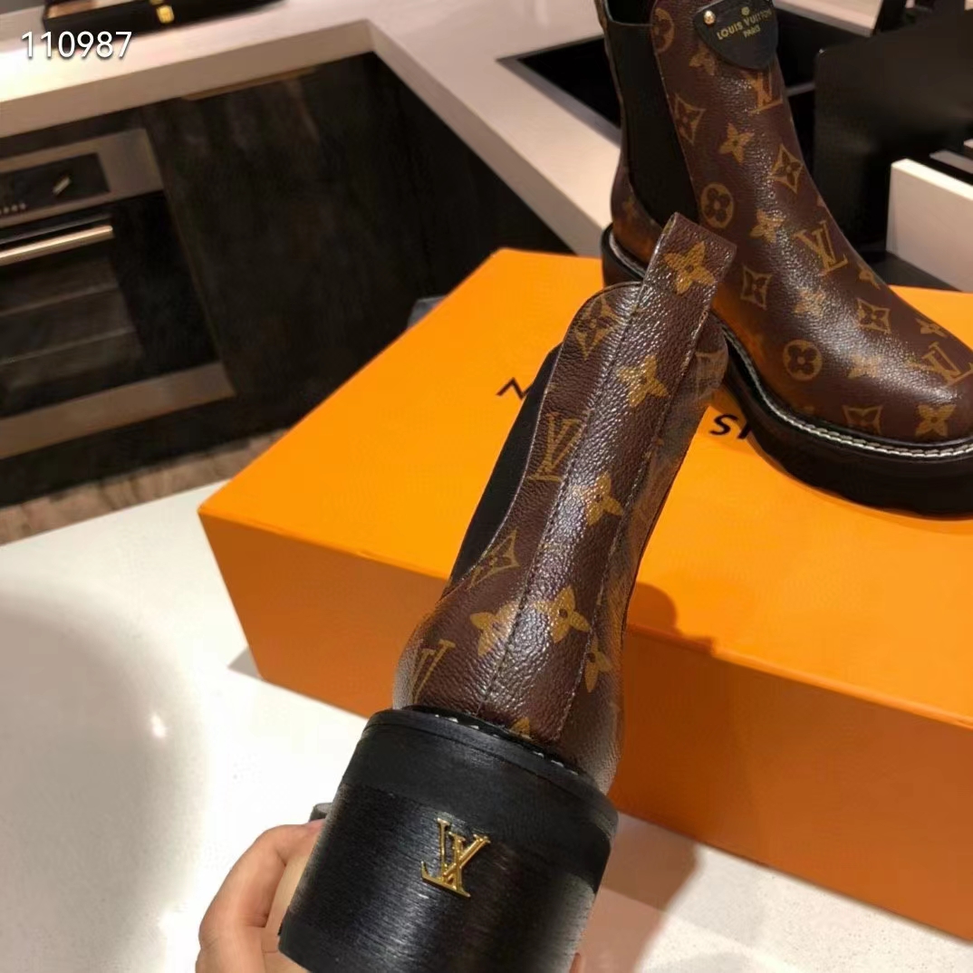 Louis Vuitton Women LV Ruby Flat Ankle Boot Cacao Brown Patent Monogram Canvas
