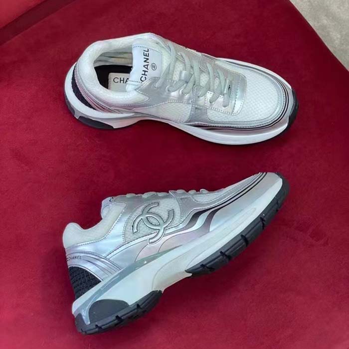 Chanel Women CC Sneakers Fabric Laminated White Silver 1 Cm Heel
