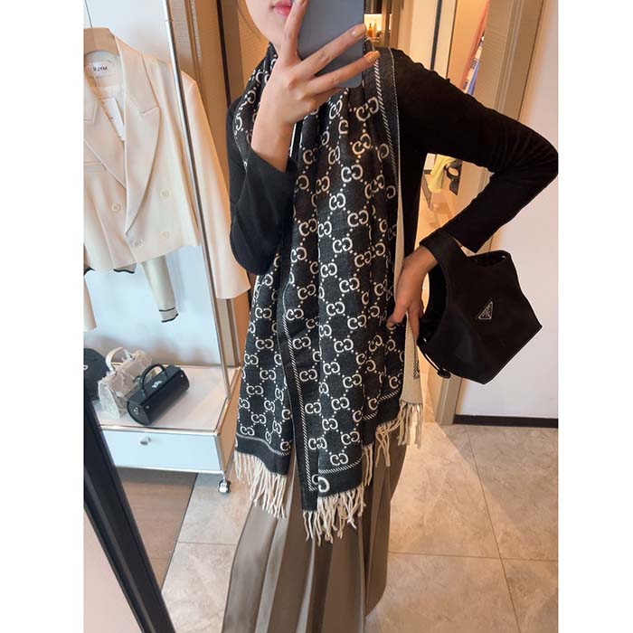 G*u*i unisex gg wool scarf ivory mini gg black tassel detail