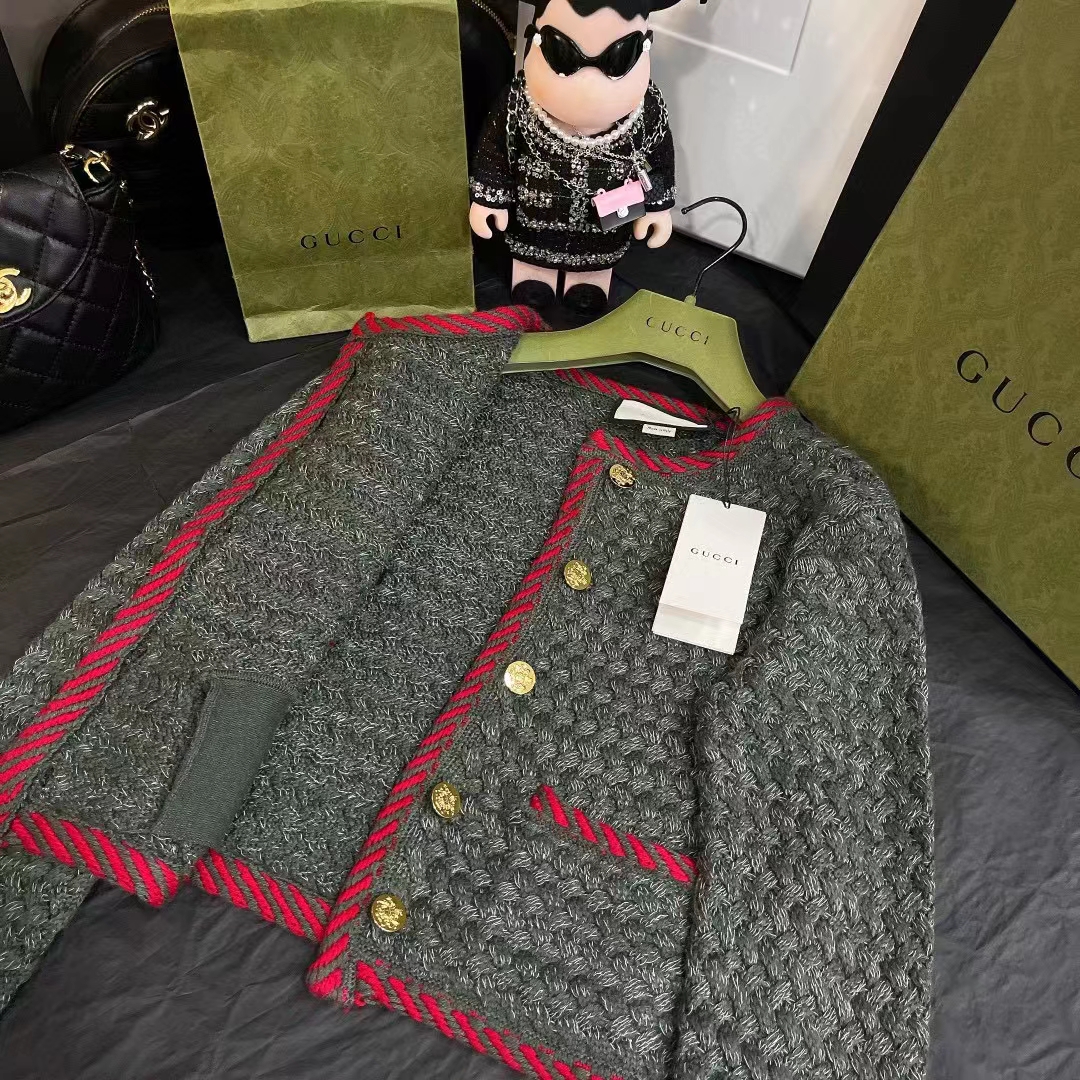 G*u*i women gg cable knit wool jacket dark green collarless wool cotton