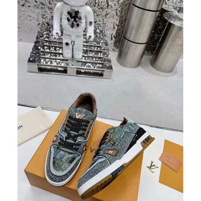 Louis Vuitton LV Unisex Trainer Sneaker Khaki Green Strass Rubber Monogram Flowers