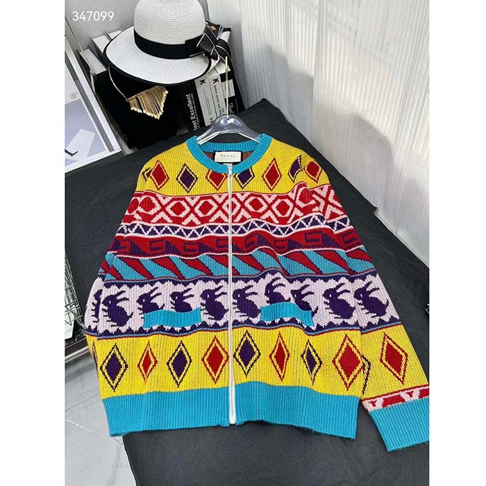 G*u*i women gg wool jacquard zip jacket multicolor geometric motif wool bunny label