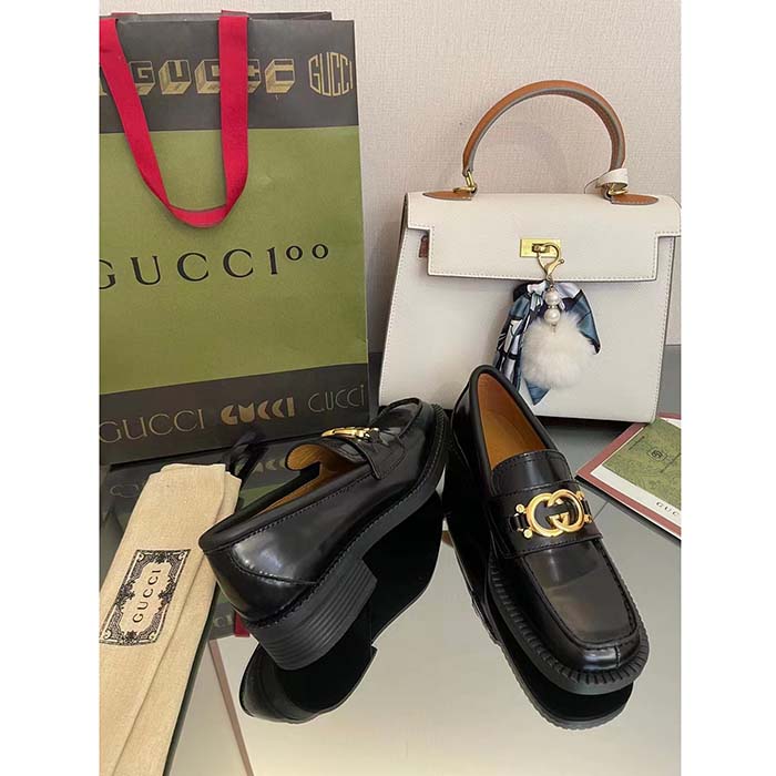 G*u*i unisex gg loafer interlocking g shiny black leather studs rubber low heel
