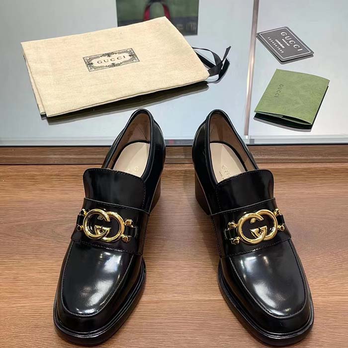 G*u*i women gg loafer interlocking g shiny black leather mid 6 cm heel