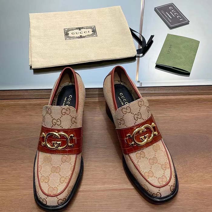 G*u*i women loafer interlocking g beige ebony original gg canvas mid 5 cm heel