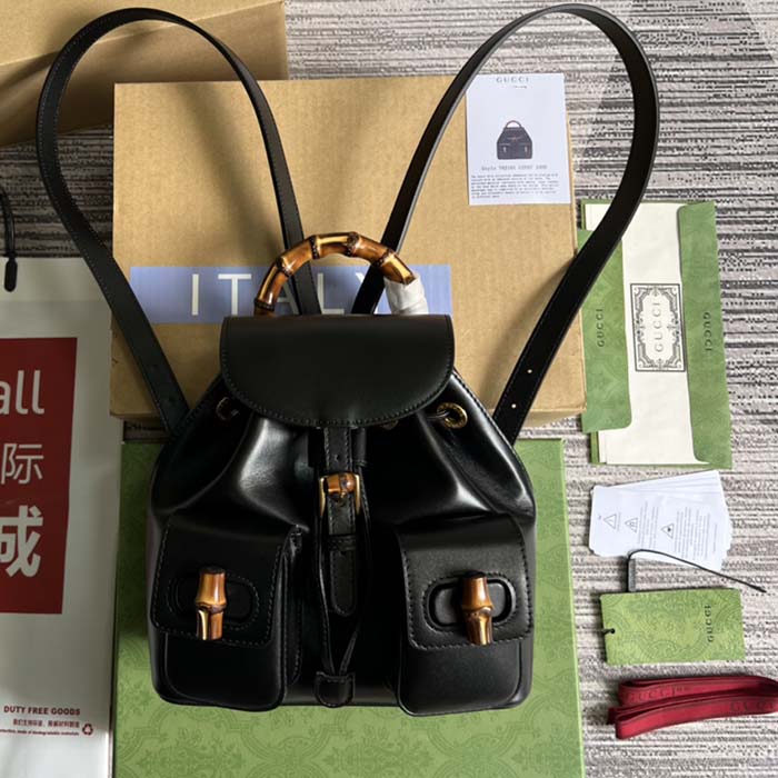 G*u*i unisex gg bamboo small backpack black leather bamboo handle