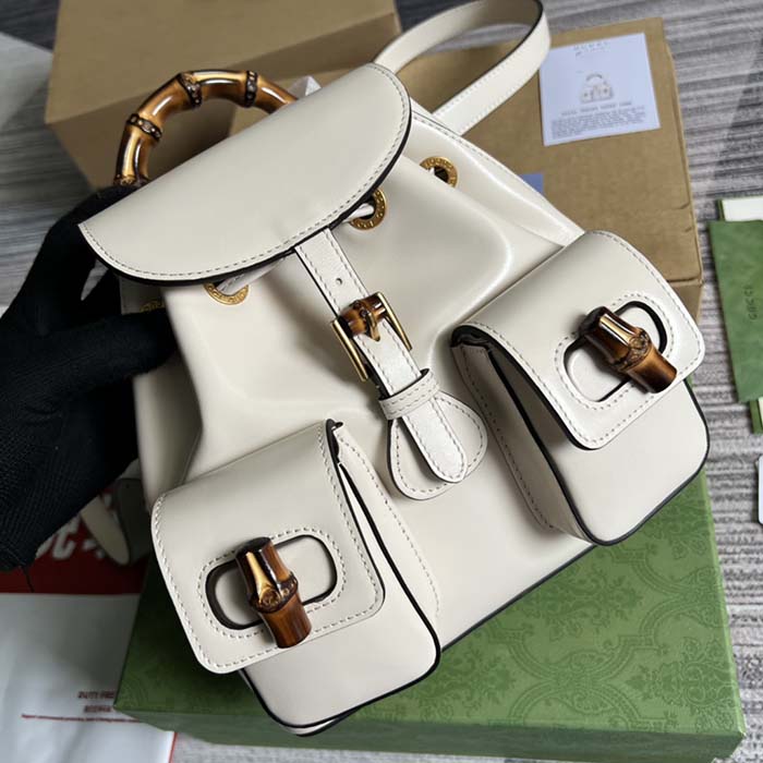 G*u*i unisex gg bamboo small backpack white leather bamboo handle