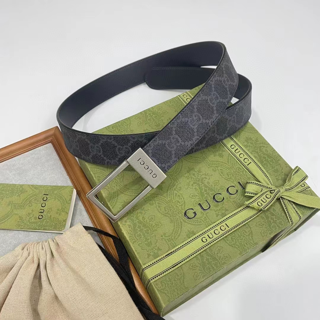 G*u*i unisex belt rectangular buckle black gg supreme canvas 3.6 cm width