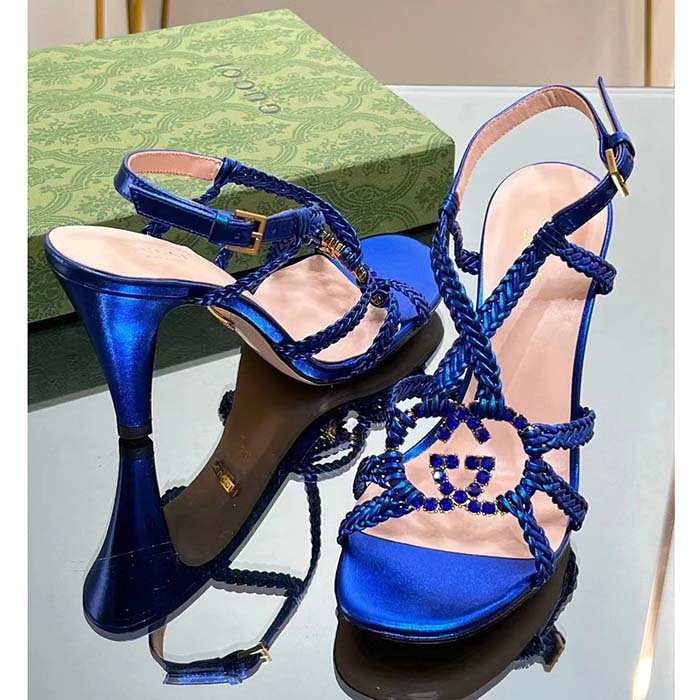 G*u*i women crystal interlocking g sandal blue metallic braided leather high heel